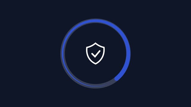 Minimal animated circular progress ring with a security shield icon on a dark background. Modern motion graphic for cybersecurity, protection, secure access, loading, and technology interfaces.