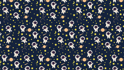 Astronauts float among stars, moons, and planets. Bright yellow stars scatter across the dark navy backdrop. Soft, cartoon-style figures appear joyful and curious. Perfect for children's books © rochmuch
