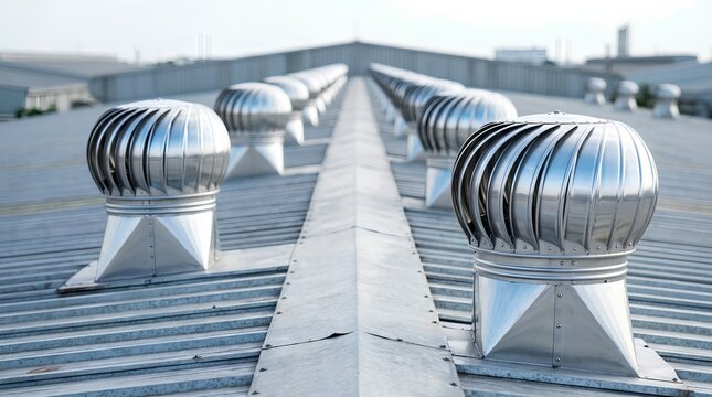 Roof Ventilator Fans on Factory Corrugated Sheet Metal Top, Industrial Air Ventilation System, Stainless Steel Whirlybird Turbines Exhaust