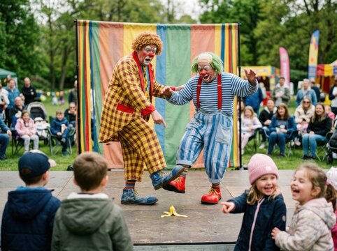 Two middle aged Caucasian male clowns perform slapstick comedy for a group of happy young children.
