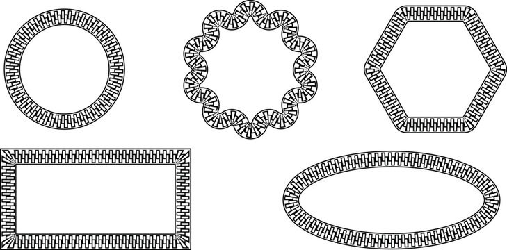 Woven brick vector silhouette pattern decorative frames with geometric texture for circle, scalloped flower, hexagon, rectangle and oval borders, modern black outline