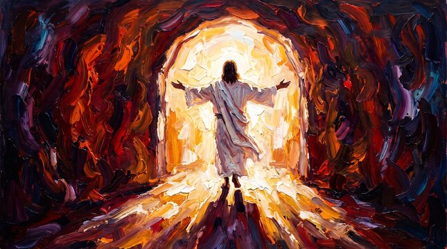 Jesus christ resurrected, standing in the entrance of a tomb with arms outstretched, radiating divine light, oil painting style illustration