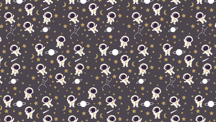 Tiny astronauts float through starry space. They orbit moons and planets with joyful wonder. Cute, stylized figures delight in cosmic exploration. Ideal for children's books or educational materials © rochmuch