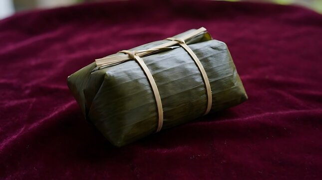 Lemper sticky rice snack wrapped in green banana leaf.