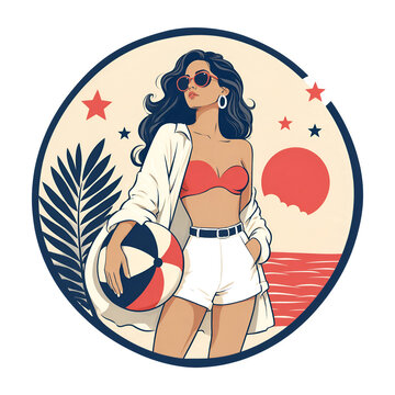 Summer beach girl holding ball with as isolated object