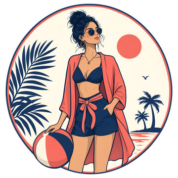 Retro summer illustration of woman with as PNG element