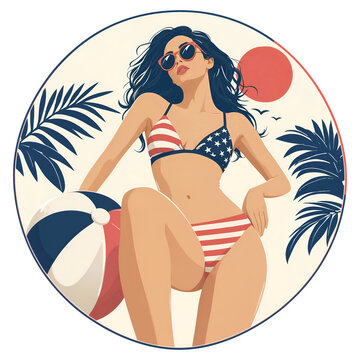 Vintage summer girl with beach ball as transparent object