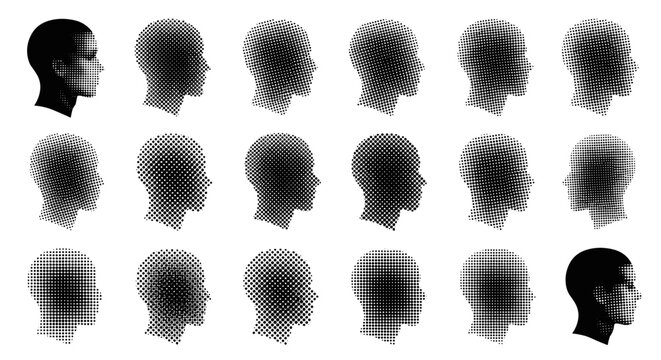 20 Human Head Silhouettes - Halftone Stipple Grunge Punk Y2K Graphics