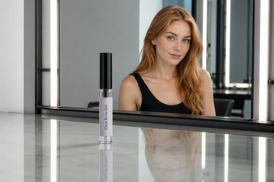 Clear Brow Gel on Counter With Red-Haired Woman in Mirror