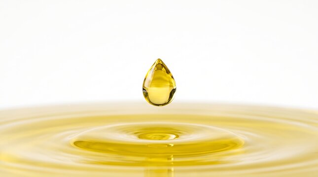 A single golden drop of oil falling into a pool of liquid, creating concentric ripples on the surface, isolated on white background