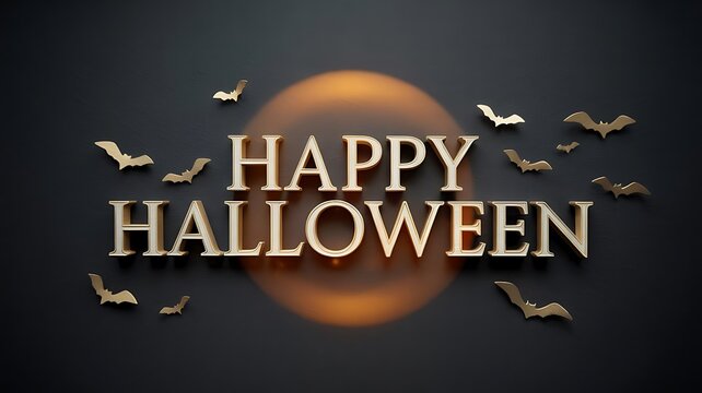Happy Halloween Greeting Card with Bats Flying Around Full Moon