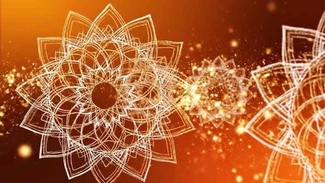 Glowing gold mandala patterns on warm orange background