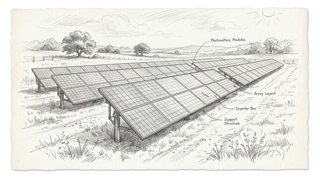 Black and white line art illustration of a solar farm with rows of solar panels installed in a grassy open field area