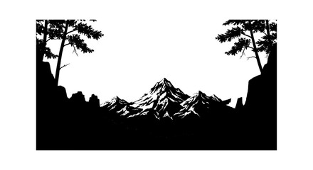 Obraz premium Black and white silhouette of mountain landscape with pine trees on sides isolated on transparent background, Vector