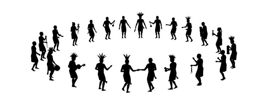 Group of indigenous people dancing in a circle silhouette isolated on transparent background, Vector