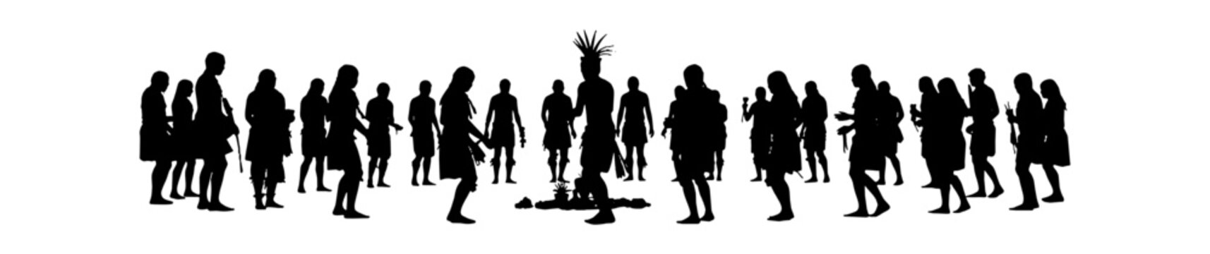 Black silhouette of a large group of indigenous tribal people dancing in a circle around a fire at night isolated on transparent background, Vector