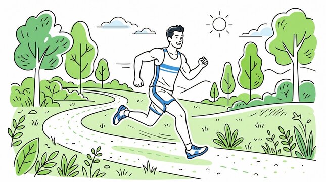 Man jogging on forest path in summer outdoor scenery