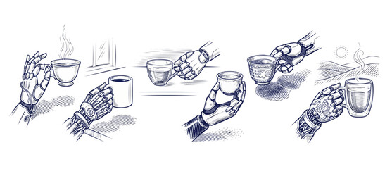 Obraz premium Robot hand holding coffee cup sketch set showing robotic cyborg arm gripping teacup in vintage engraving line art illustration style for futuristic concept, mechanical hands collage on white.