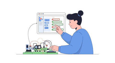 Naklejka premium Woman Programming Microcontroller with Visual Interface on Computer Screen