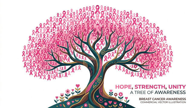 A vector illustration of a tree of awareness for breast cancer featuring pink ribbons as foliage, a detailed trunk, and inspirational text.