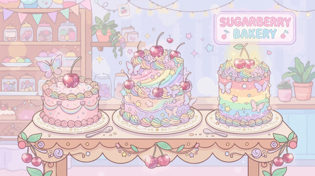 Whimsical pastel dessert triumvirate showcase with cherry topped cakes in cozy bakery