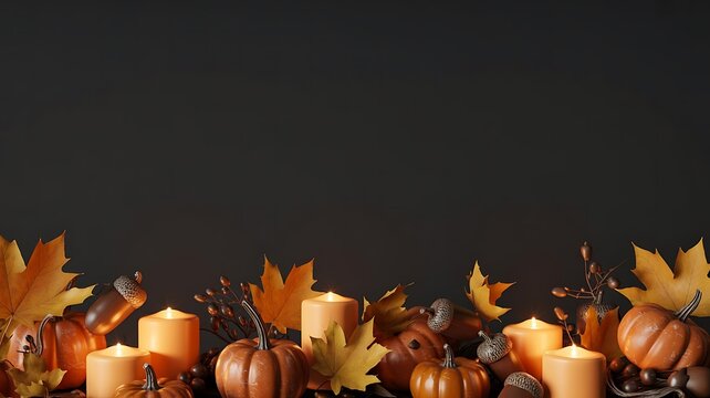 Autumn decorative arrangement with pumpkins candles and pine cones
