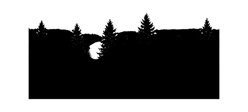 Black silhouette of a pine forest tree line landscape with a small lake isolated on transparent background, Vector