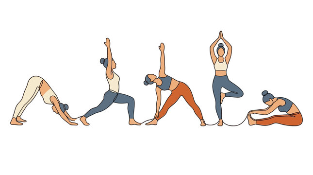 Yoga poses are displayed in a linear progression featuring women in activewear performing various stretches.