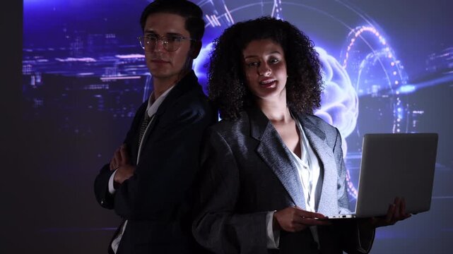 Seminar woman with man in conversation for ai governance, machine learning, Presenter promoting artificial intelligence solutions, Strategy plan to executive write prompt AI bot IT app program.