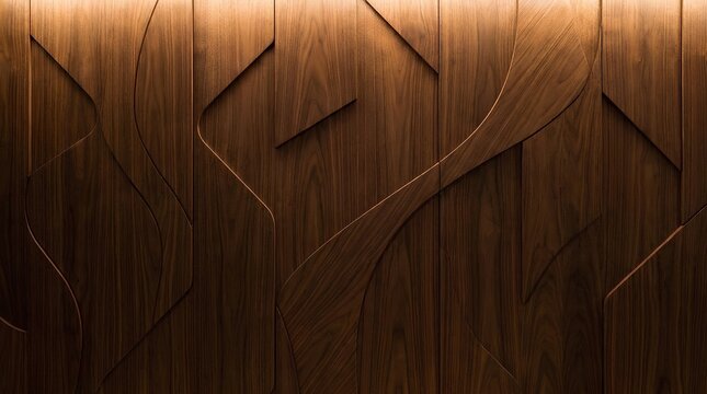 Abstract Curved Wood Wall Panel Luxury Carved Walnut Wave Pattern Illuminated Architectural Timber Interior Accent Background