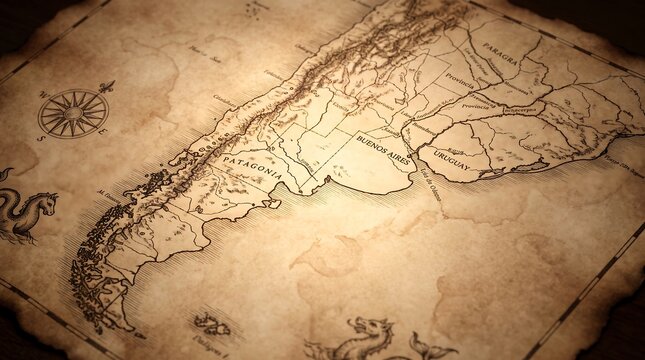 Vintage style map of south america featuring patagonia, buenos aires, and uruguay with nautical compass and sea monsters in an old parchment aesthetic