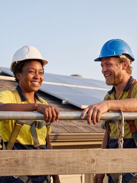 Zwei lachende Solartechniker mit Bauhelmen stehen auf einem Ger&uuml;st vor Solarpanelen auf dem Dach