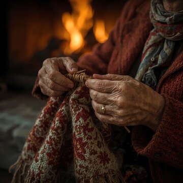 Elderly woman's weathered hands knitting a scarf by firelight