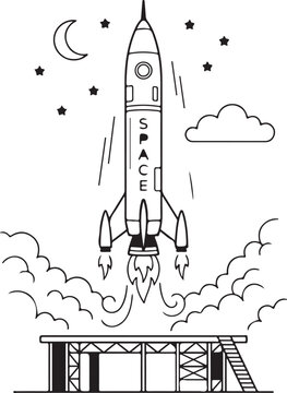 Rocket launch illustration with space text and launchpad