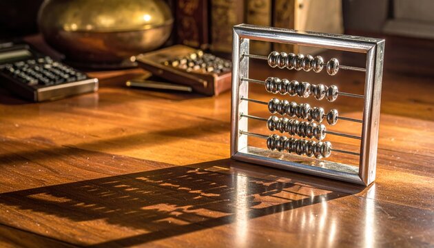 Gleaming silver abacus on a wooden desk, showcasing vintage calculation and arithmetic tool