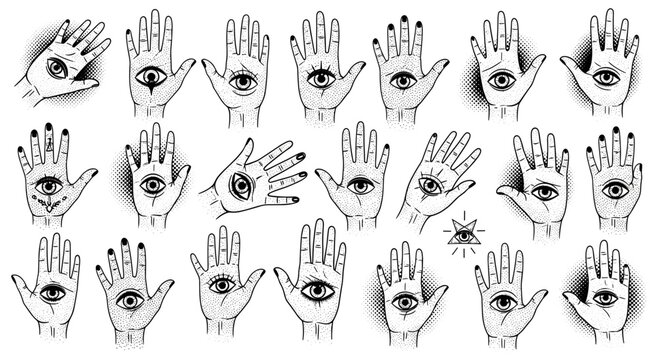 Different one-color flat vector hands featuring eyes in palms and mystical placements, heavy halftone stipple effect, grunge punk y2k collage design, pop art style dotted crazy elements.
