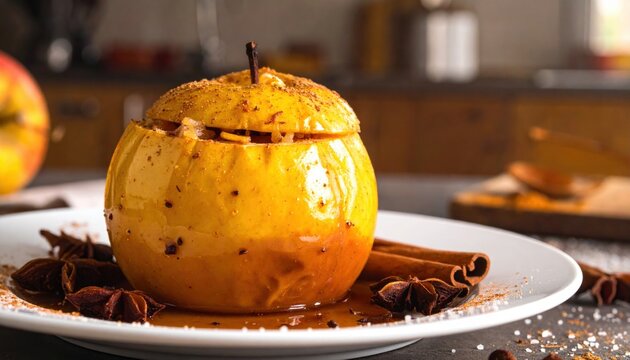 Golden baked apple with cinnamon sticks and star anise on a white plate in a cozy kitchen setting