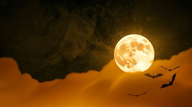 Full Moon Illuminating Sky With Flying Bats Silhouettes