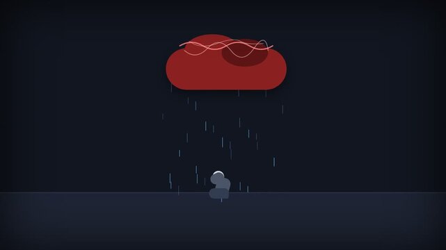 Minimalist illustration of a person sitting under a raining red cloud representing depression.