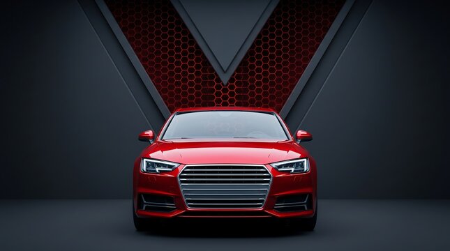 Red modern sports sedan car front view in dark studio with geometric red honeycomb background, luxury automotive design 3d render