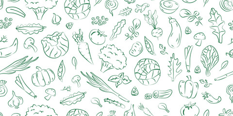 Fototapeta premium Hand-drawn line art green vegetable seamless pattern on a white background. Ideal for organic food packaging, vegan menus, grocery store bags, and healthy diet blogs.