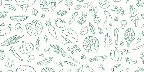 Hand-drawn line art green vegetable seamless pattern on a white background. Ideal for organic food packaging, vegan menus, grocery store bags, and healthy diet blogs. © ngupakarti