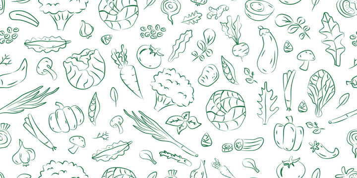 Hand-drawn line art green vegetable seamless pattern on a white background. Ideal for organic food packaging, vegan menus, grocery store bags, and healthy diet blogs.