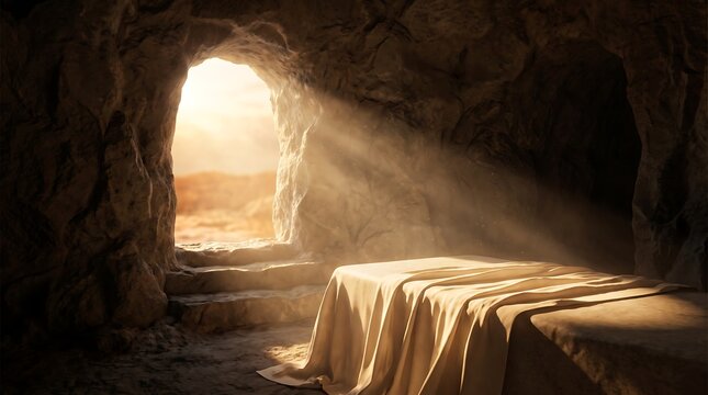 Empty tomb of jesus christ with burial shroud on stone slab, light shining through the entrance of the cave, resurrection of jesus, easter concept