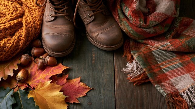 Autumn fashion with brown leather boots leaves and a plaid scarf.
