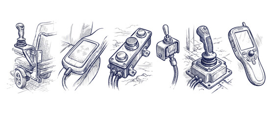Industrial controller joystick sketch set featuring hand-drawn remote control panels, heavy-duty buttons, user interfaces, wheelchair joystick, and technical devices in detailed blue line art style. © Dinali
