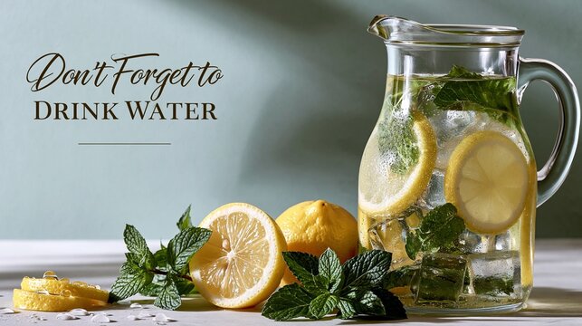 Cold infused water with lemon and mint in a glass pitcher.