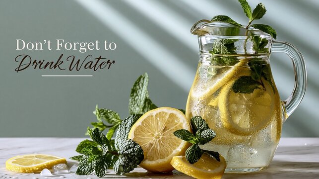 Glass pitcher of infused water with fresh lemon and mint.
