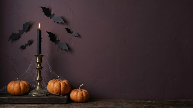 Black paper bats flying over pumpkins on a dark background.