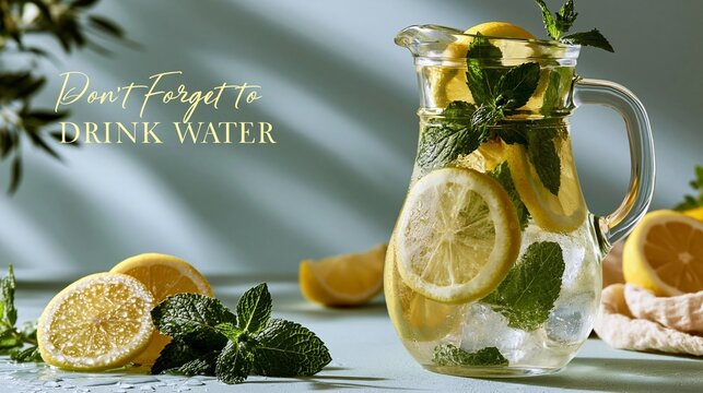 Glass pitcher of infused water with lemon and fresh mint.